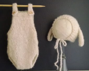 Newborn baby girl or boy, hand knitted  Romper Overall and LittleLamb Bonnet set/ Luxury yarn Photography Prop/ Baby Alpaca Romper