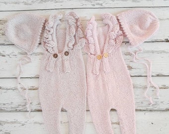 Newborn baby girl, hand knitted ruffle Romper Overall jumper and Bonnet set/ Luxury yarn Photography Prop/ Alpaca Romper