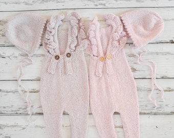 Hand Knitted Alpaca Romper and Bonnet Set: Newborn Girl Outfit