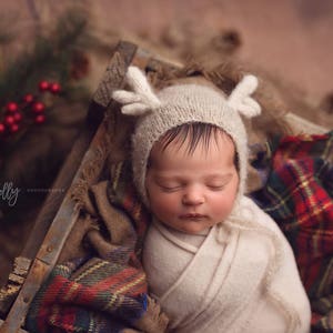 Newborn baby Girl or boy Brushed Alpaca Little Reindeer Bonnet / Unique Luxury Photography Prop