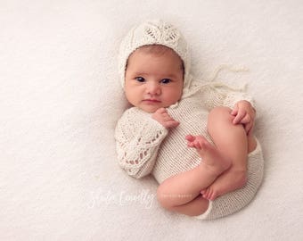 Newborn baby girl, hand knitted Lace Long Sleeve Baby Bodysuit  Romper and Lace Bonnet set/ Luxury yarn Photography Prop/ Alpaca Romper