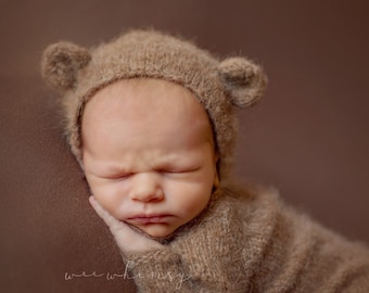 Newborn baby Girl or boy Brushed Alpaca Little Bear Bonnet  / Unique Luxury Photography Prop