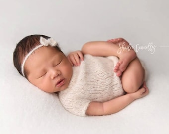 Newborn baby girl, hand knitted  Short Sleeve Bodysuit with bow tieback set/Romper Overall / Photography Prop/ Baby Alpaca Romper