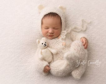 Newborn Footie Pajama/ Long Sleeve Onesie Romper and Bear Bonnet set/ Luxury yarn Photography Prop/ Baby Alpaca Romper