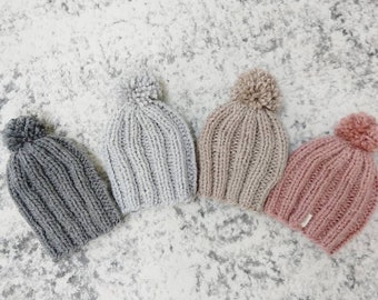 Kids size winter hand knitted hat / pom pom ski hat / kids wool winter hat
