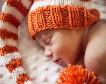 Newborn Tennessee Football Baby Boy or Girl Knitted Striped Elf Hat with pom pom for Photography Props