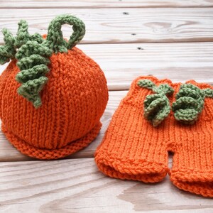 Puede incluir: Un conjunto de gorro y pantalones de punto en forma de calabaza para bebé. El gorro tiene un tallo verde y los pantalones tienen un detalle de hoja verde.