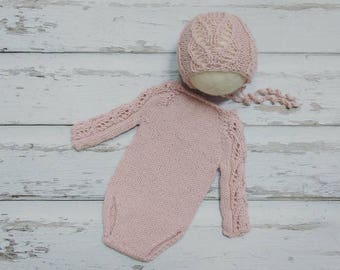 Newborn baby girl, hand knitted Lace Long Sleeve Bodysuit Romper and Lace Bonnet set/ Luxury yarn Photography Prop/ Alpaca Romper