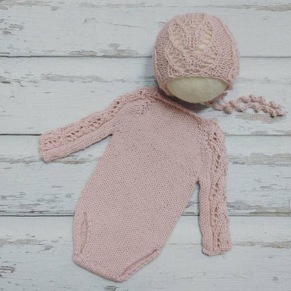 Newborn baby girl, hand knitted Lace Long Sleeve Bodysuit Romper and Lace Bonnet set/ Luxury yarn Photography Prop/ Alpaca Romper