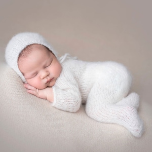 NEW COLORS Newborn Footed Long Sleeve bodysuit Romper and Bonnet set/ Luxury yarn Photography Prop/ Baby Alpaca Romper