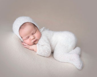 NEW COLORS Newborn Footed Long Sleeve bodysuit Romper and Bonnet set/ Luxury yarn Photography Prop/ Baby Alpaca Romper