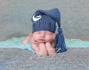 MOON and STAR Newborn Baby Boy or Girl Knitted Night cap Elf Hat with tassel for Photography Props