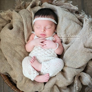 Newborn baby boy or girl hand knitted Romper Overall with braided TIEBACK/ Luxury yarn Photography Prop/ Merino Wool Romper
