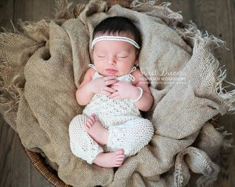Newborn baby boy or girl hand knitted Romper Overall with braided TIEBACK/ Luxury yarn Photography Prop/ Merino Wool Romper