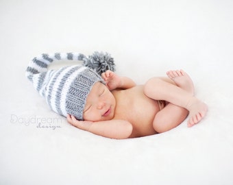 Newborn Baby Boy or Girl Knitted Striped Elf Hat with pom pom for Photography Props