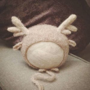 SITTER SIZE  baby Girl or boy Brushed Alpaca Little Reindeer Bonnet / Unique Luxury Photography Prop