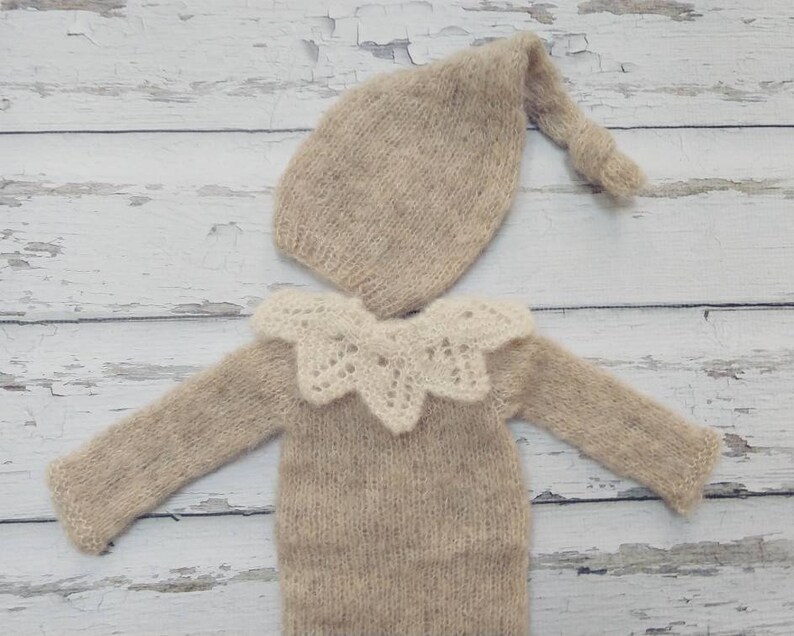Newborn baby Girl or boy Brushed Alpaca Elf Hat and lace collar set Unique Luxury Photography Prop