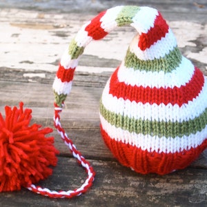 Newborn Baby CHRISTMAS Knitted Striped Elf Hat with long pom pom for Photography Props
