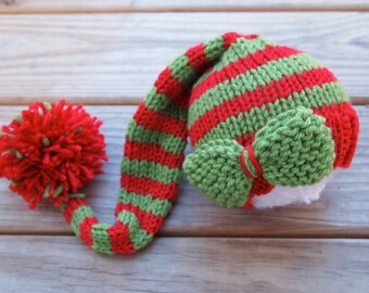 Newborn Baby CHRISTMAS Knitted Striped Elf Hat with DETACHABLE BOW for Photography Props