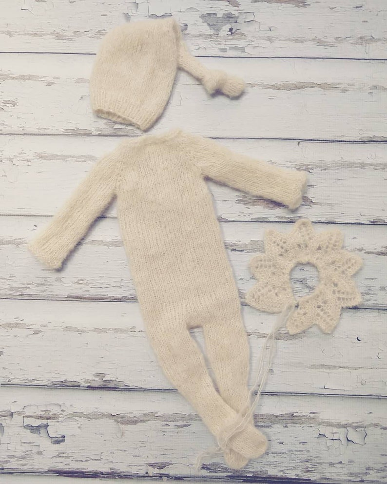 Newborn baby Girl or boy Brushed Alpaca Elf Hat and lace collar set Unique Luxury Photography Prop