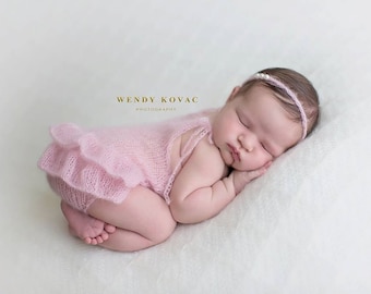 Newborn baby girl hand knitted Ruffled Romper Overall and pearl tieback/ Luxury yarn Photography Prop/ Mohair Romper