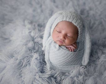 Newborn baby Girl or boy Brushed Alpaca Bunny Bonnet / Unique Luxury Photography Prop