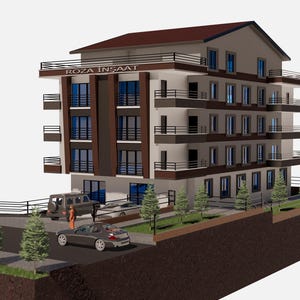 May include: A multi-story apartment building with a brown roof, beige walls, and dark brown accents. The structure features multiple balconies with railings and the text ROZA İNŞAAT on the facade. Cars are parked in the front lot.
