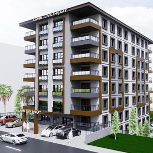 May include: A multi-story apartment building with a gray facade, brown rectangular accents, and glass-railed balconies. The text LAVIN LIVA İNŞAAT is displayed on the top roofline and the entrance canopy. Several cars are parked in front.