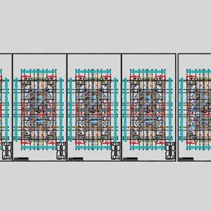 May include: A series of architectural floor plans displayed in a horizontal row, featuring detailed technical drawings with blue, red, and black lines on a white background, illustrating various building layouts and structural designs.
