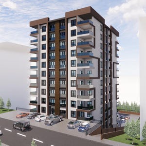 May include: A multi-story residential apartment building featuring a white facade with dark brown vertical accents and glass-railed balconies. The structure is situated next to a paved road with several parked cars and small green trees.