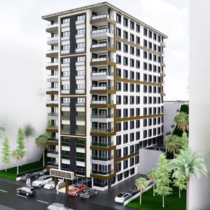 May include: A multi-story residential building featuring a white facade with dark brown vertical and horizontal accents, multiple balconies with glass railings, and a ground-level entrance sign reading SALKIM GRUP İNŞAAT.