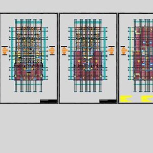 May include: A series of fifteen architectural floor plans and building section diagrams displayed in a horizontal row. The technical drawings feature grid lines, structural layouts, and elevation views rendered in blue, red, and black ink.
