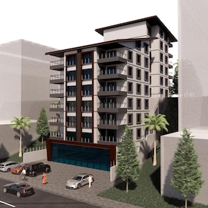 May include: A multi-story residential building featuring a modern design with dark brown and white exterior walls, multiple balconies with glass railings, and a ground-level parking area with several cars parked in front of the structure.