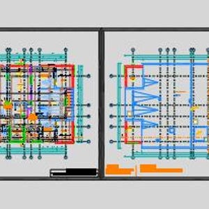 May include: A series of twelve architectural floor plans and building elevation drawings displayed in a horizontal row. Each technical diagram features detailed layouts, structural lines, and measurements rendered in blue, red, and black ink.