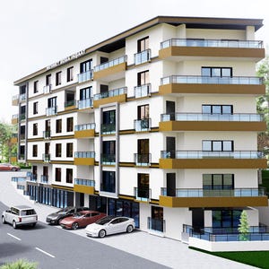 May include: A multi-story apartment building with a white facade, brown balconies, and glass railings. The structure features dark window frames and the text "MİMARLIK BOGA İNŞAAT" on the roofline. Several cars are parked on the street.