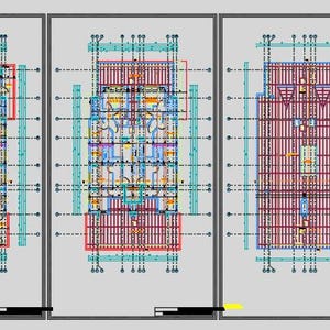 May include: A collection of architectural floor plans and building elevations displayed in a grid. The technical drawings feature blue, red, and black lines on a light gray background, detailing structural layouts, room dimensions, and exterior views.