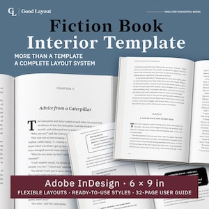 May include: A fiction book interior template for Adobe InDesign, featuring a 6 x 9 inch layout system. The display shows open book pages with text from Alice's Adventures in Wonderland, including Chapter V, Advice from a Caterpillar.