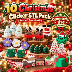May include: A collection of 10 Christmas-themed clicker STL files featuring snowmen, reindeer, Santa legs in a chimney, flowers, green trees, a Grinch-like character, hot cocoa mugs, a holiday train, and a gift box with the text 10 Christmas Clicker STL Pack.