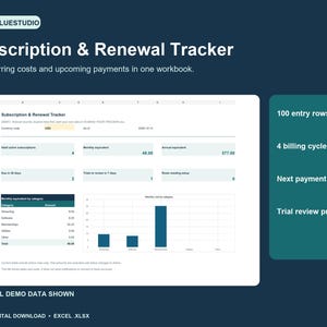 May include: A digital subscription and renewal tracker spreadsheet workbook featuring a dashboard with summary metrics, a category breakdown table, and a bar chart. The interface includes text labels for 100 entry rows, 4 billing cycles, next payment dates, and trial review prompts.