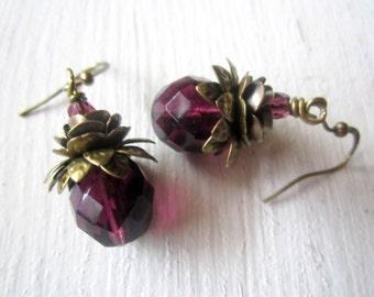 Amethyst Spring Drops: Antique Brass and Czech Glass Earrings