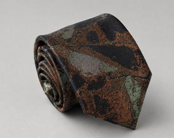 Copper Sage Abstract Jacquard Tie, Black Geometric Woven Necktie, Modern Textured Formal Accessory, Elegant Wedding Gift for Him