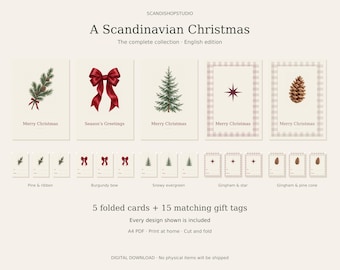 Printable Christmas Cards & Gift Tags – Scandinavian Style, 5 Card Designs, 15 Tags, English PDF
