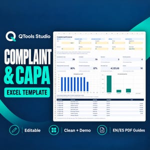 Peut inclure: Un modèle Excel numérique pour la gestion des plaintes et CAPA par QTools Studio. L'interface affiche un tableau de bord avec des indicateurs de performance, des graphiques et un tableau de données. Texte : QTools Studio, COMPLAINT & CAPA EXCEL TEMPLATE, Editable, Clean + Demo, EN/ES PDF Guides.