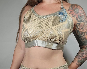 Vintage Assiut Strass Showgirl Kostüm Zwei Stück Silber Showgirl Antike Kostüm Assuit Tüll Bi Telli Stoff