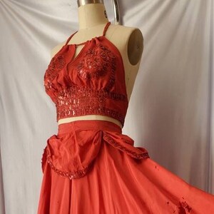 Vintage Mid Century Showgirl Burlesque Costume Red Sequin Swirl Halter Top and Skirt image 2