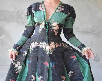 Antique Vintage Moire Silk Taffeta Gown Floral Embroidery Victorian Gown Old Theater Dress