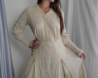 Vintage 1890s Silk Embroidered Dress • Antique Victorian Wedding Gown