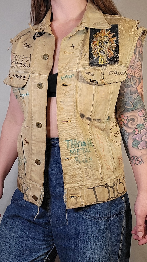 Original Vintage 1980s Metal Punk Vest Handpainte… - image 10