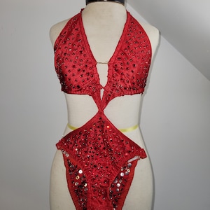 Vintage Ruby Red Rhinestone Showgirl Costume Cut Away Leotard Burlesque Dancer Hollywood Stage