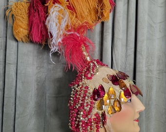 Vintage Mid Century Circus Showgirl Headpiece Gold Lamé Feather Plum Costume Headpiece Glass Jewels